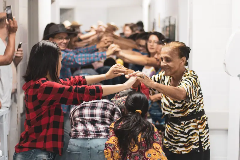 A conga line across the dance floor