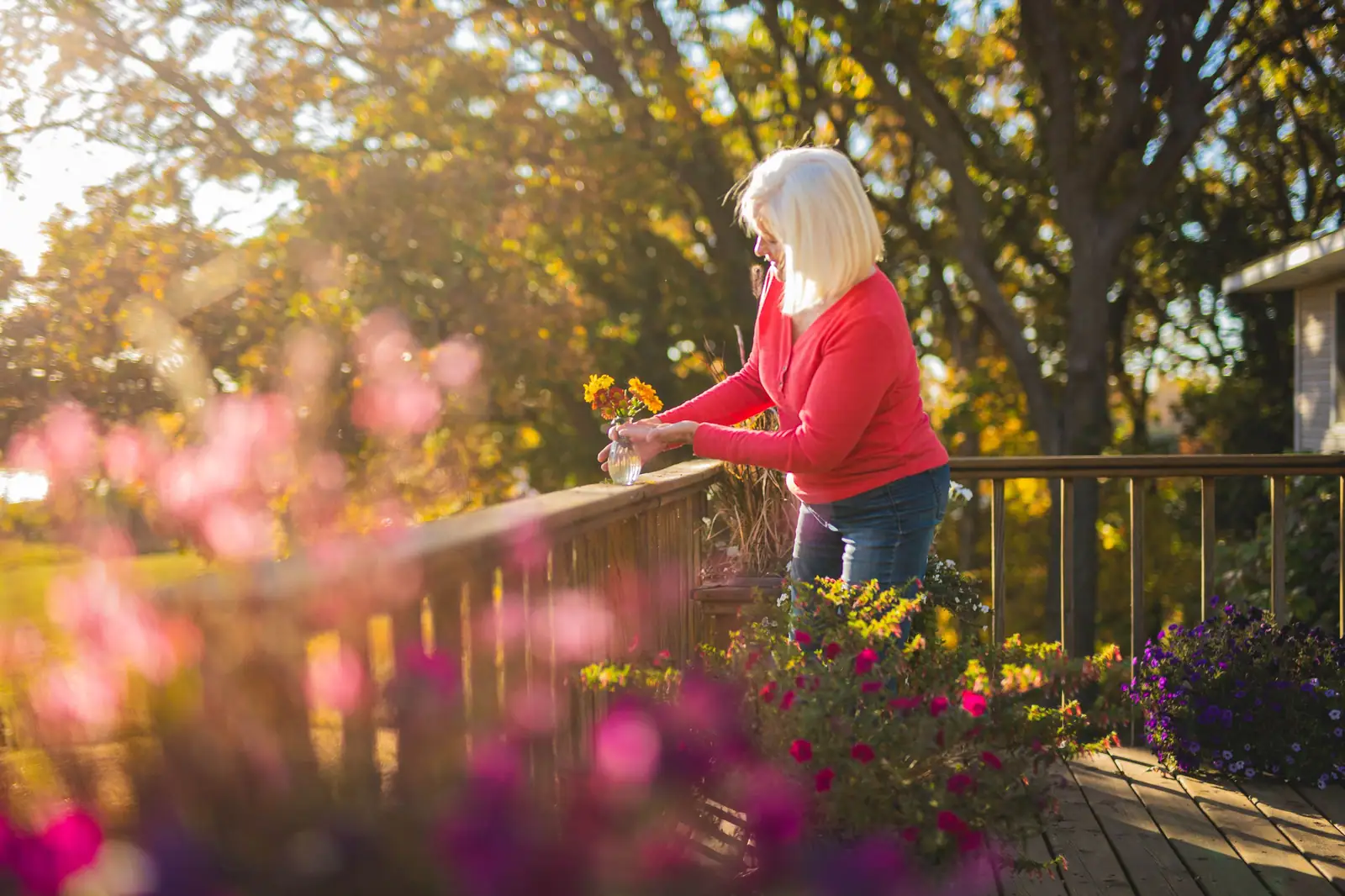 A member tending the roses on the side porch in the late afternoon light