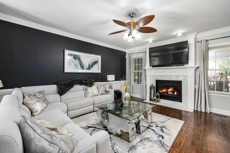 A living room with a fireplace
