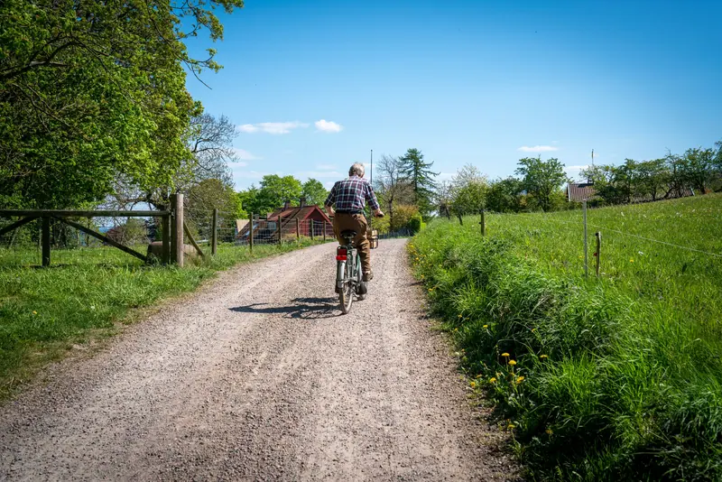 A resident cycling the gravel road past the fields