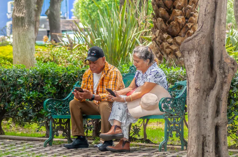 A couple checking messages on a bench