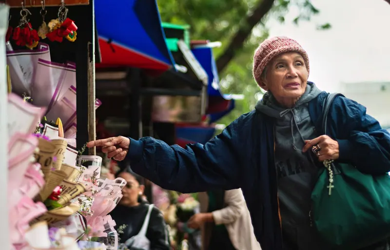 A resident browsing flowers at the market