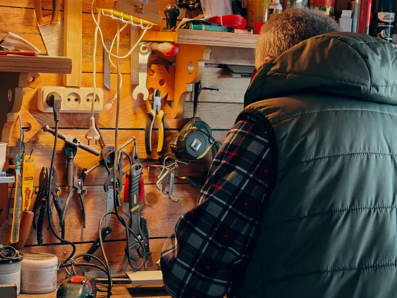 The woodshop, tools on the wall