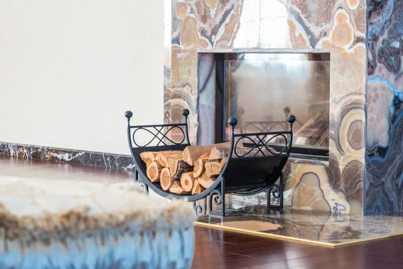 The marble fireplace in the great room