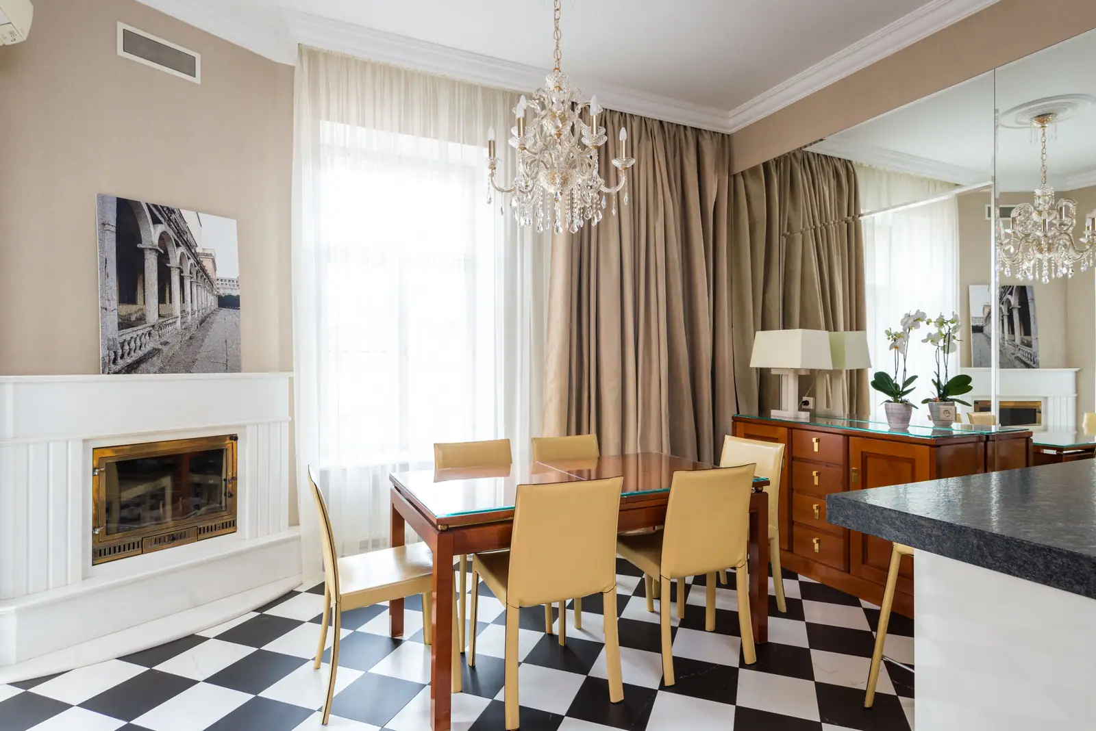 The private dining room under its chandelier