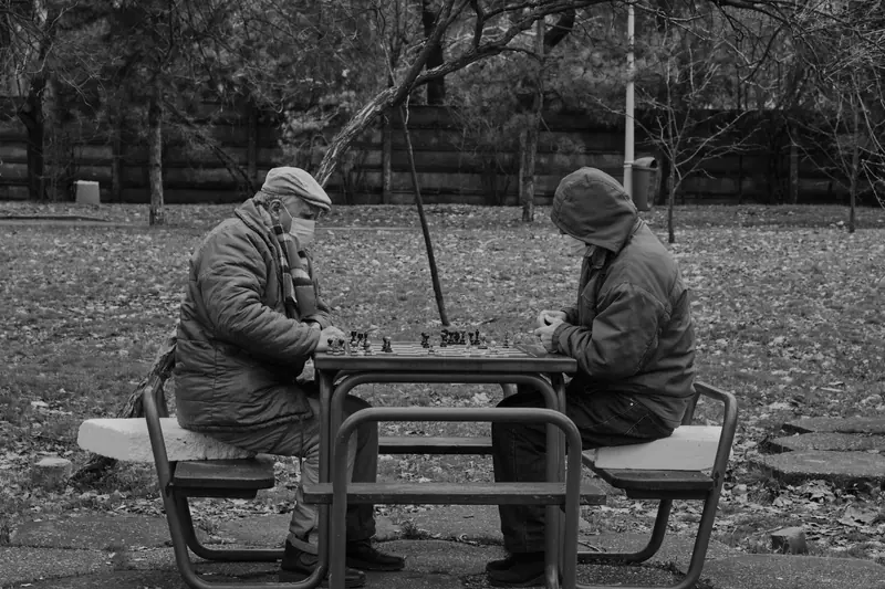 Two friends playing chess in the winter garden