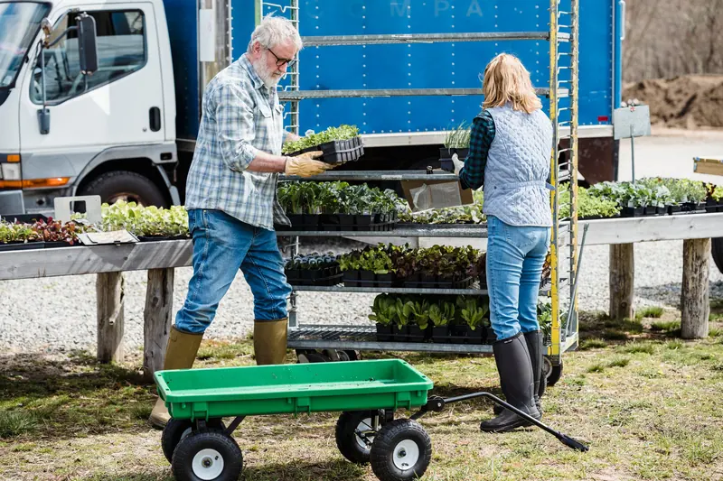 A couple loading the garden cart with seedlings