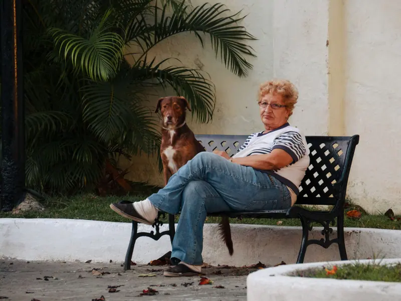 A woman on a bench with her dog