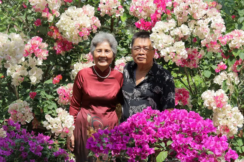 A married couple standing among flowering bougainvillea