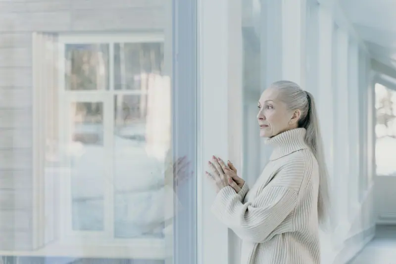 A woman at a bright window