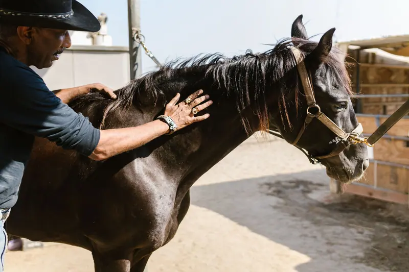 A man stroking the neck of his horse at the rail