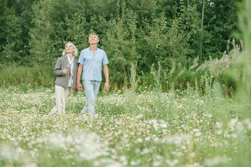 An older couple walking through a meadow of white wildflowers