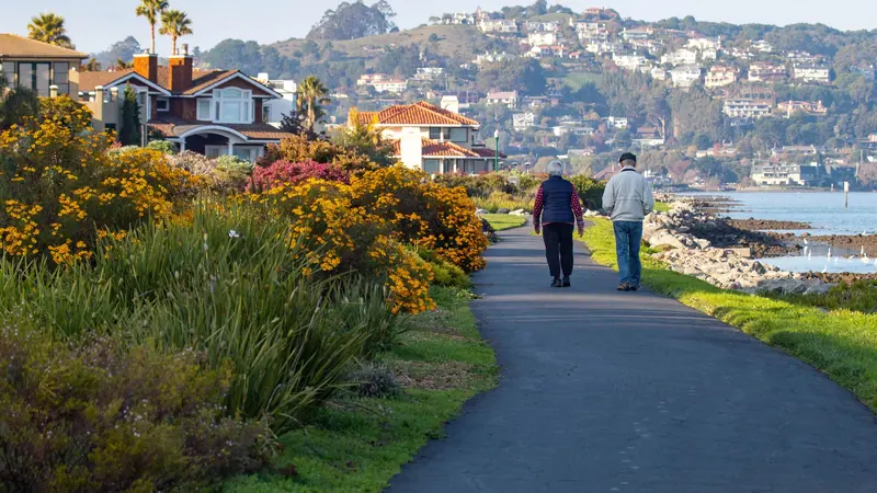 A couple walking the flower-lined path on a clear afternoon