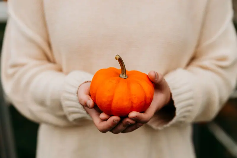 A small pumpkin held in a resident's hands