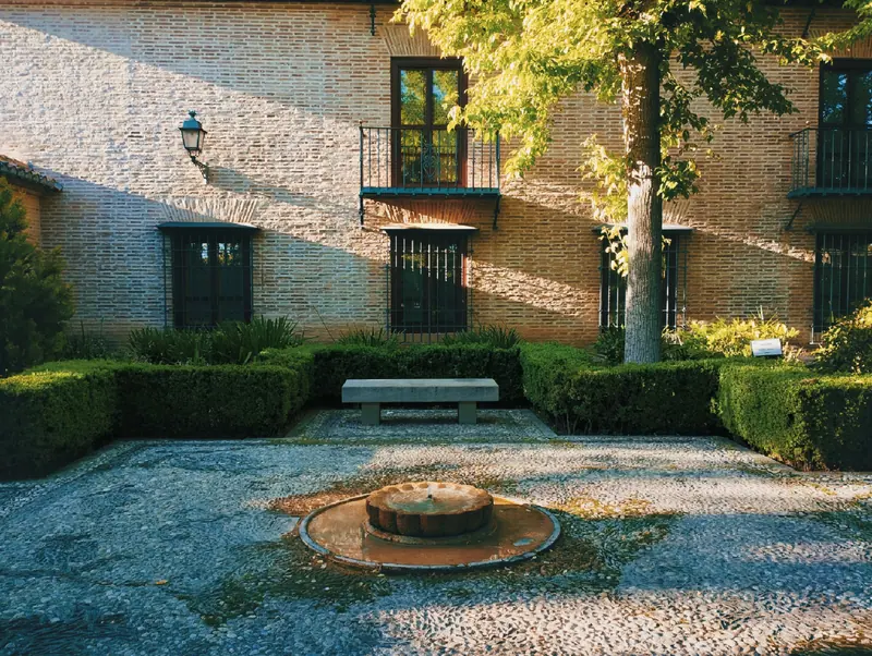 The courtyard path in the evening light