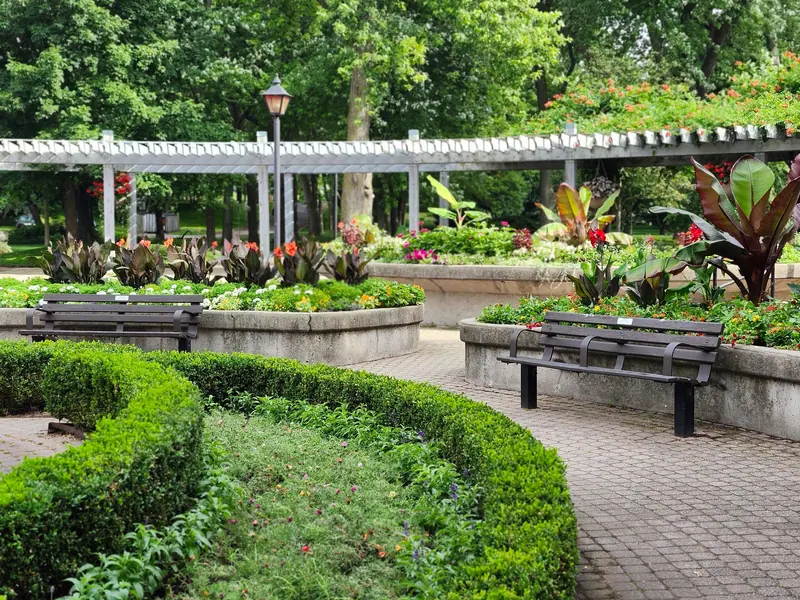 The garden path and benches outside the courtyard
