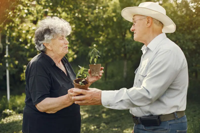 Two residents trading potted plants