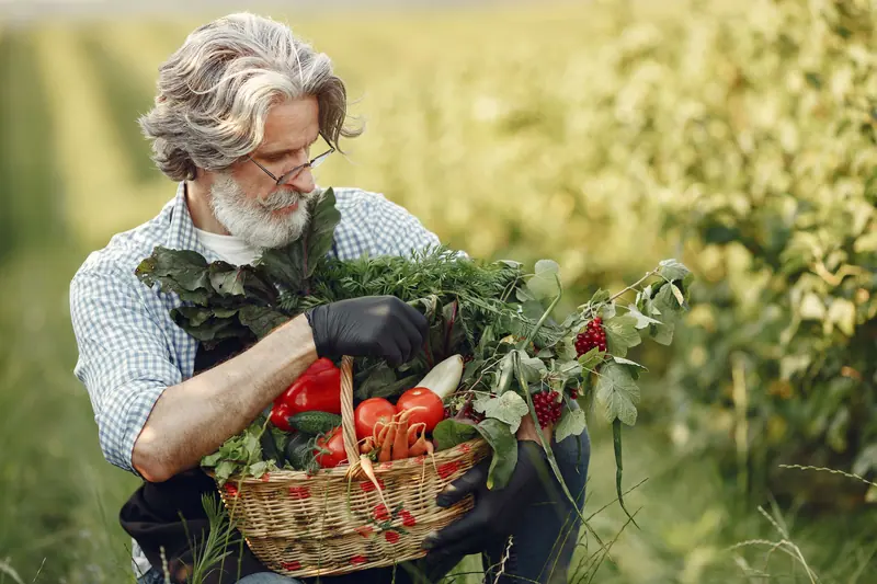 A resident holding an armload of vegetables in the late light