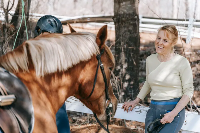 A pony nosing a visitor's pocket for carrots
