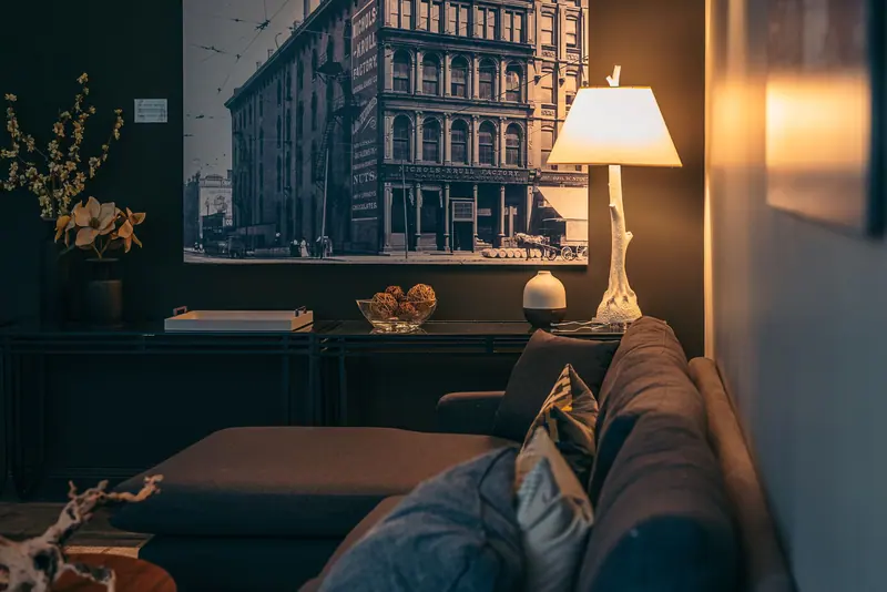 A sitting room in the east wing at dusk