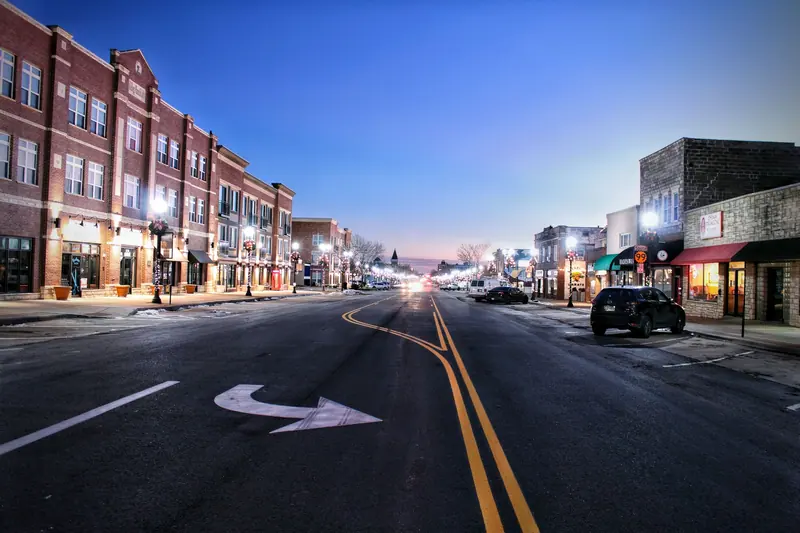 Main Street at twilight in a Kansas town