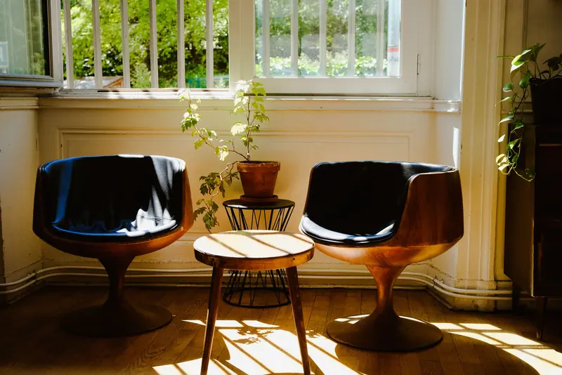 Two leather chairs in the sun by the garden windows
