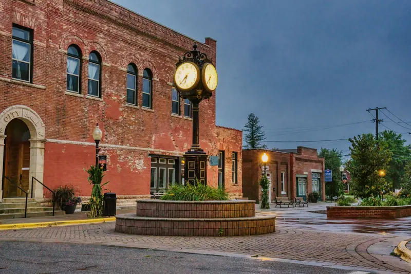 The town clock and brick plaza a few blocks from the house