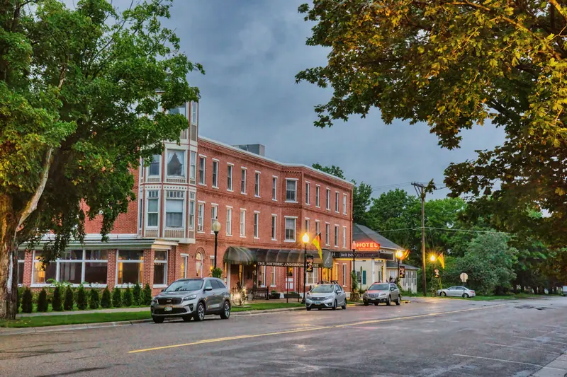 A brick street downtown on the way to the bank
