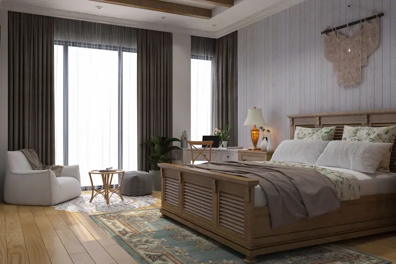 Charming rustic bedroom interior with wooden elements and natural light.