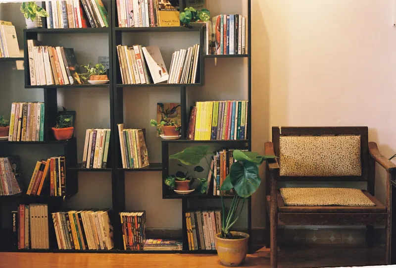 A reading corner with a bookshelf and plants