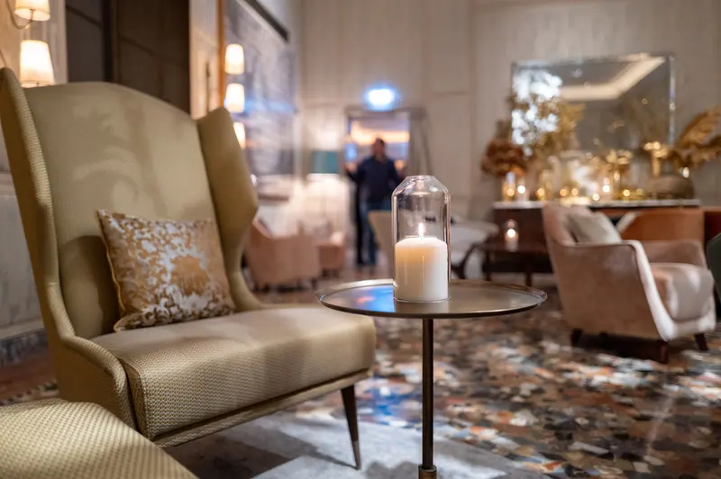 A wingback chair in the lobby lounge