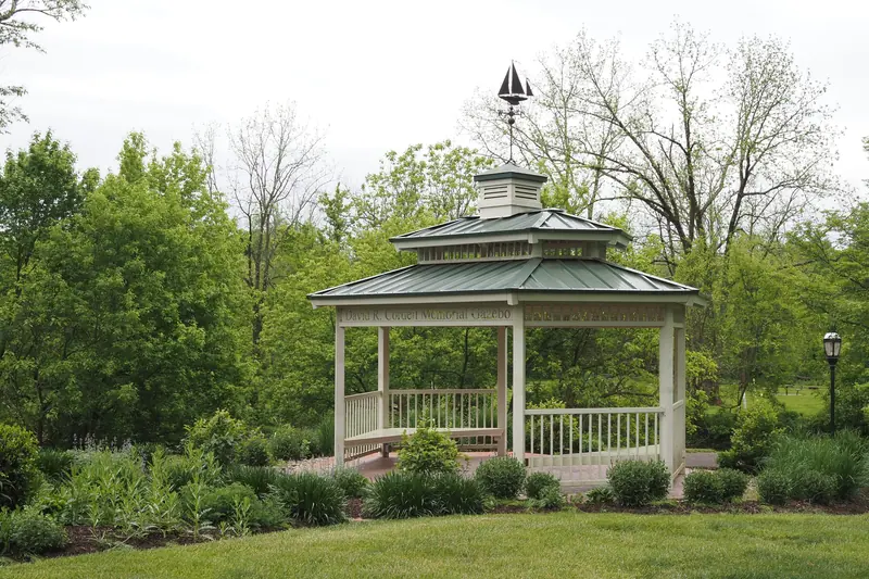 The white gazebo at the end of the camellia walk