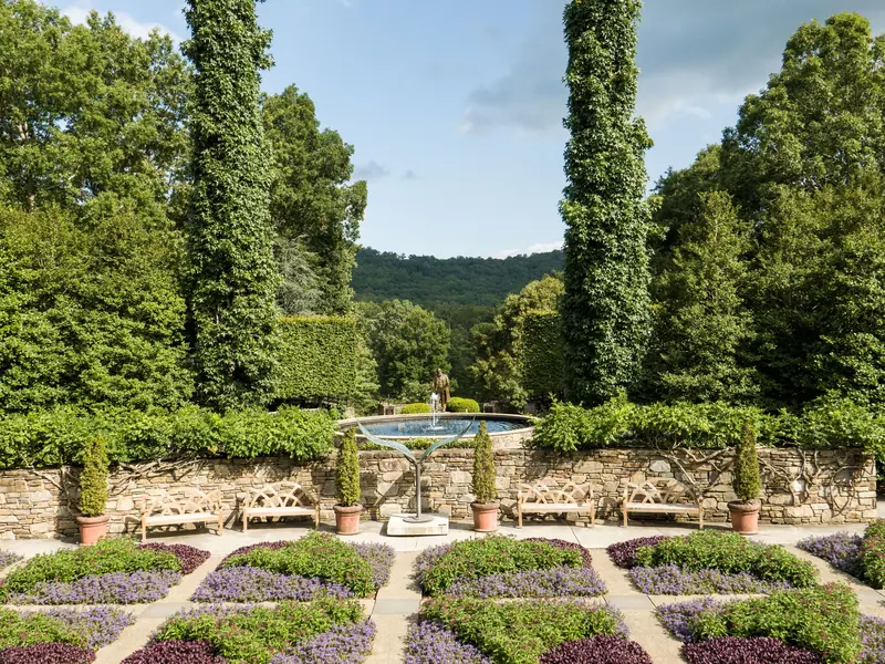 The formal garden with the hills beyond