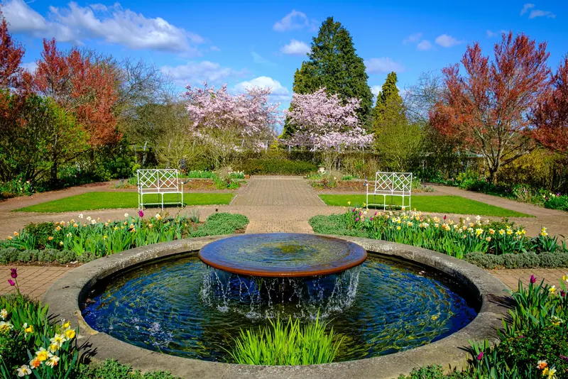 The fountain garden in spring bloom