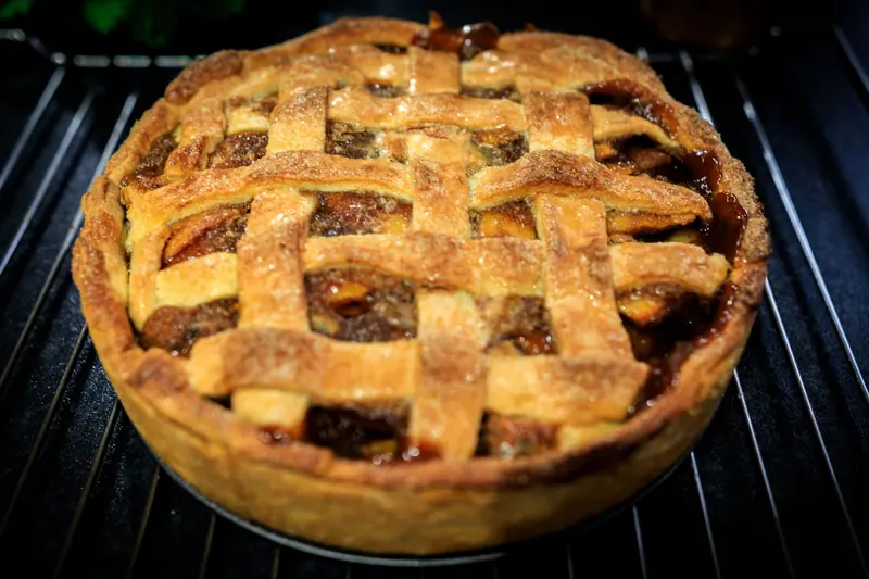 A lattice pie fresh from the pastry oven