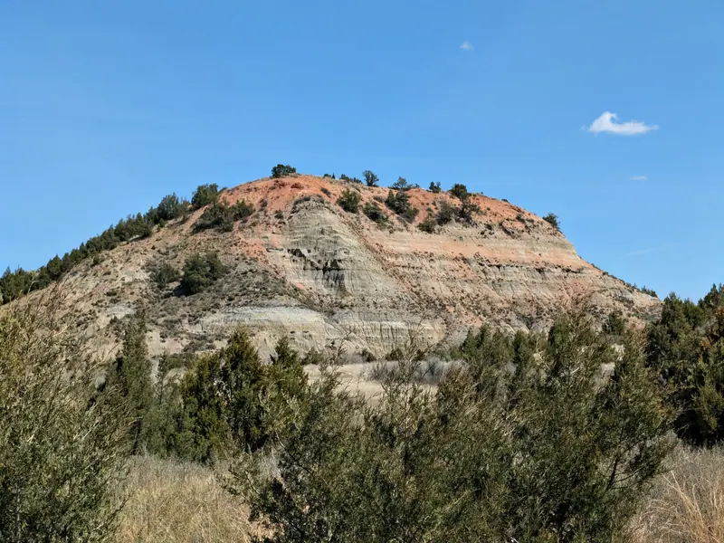 Striped canyon slopes dotted with juniper