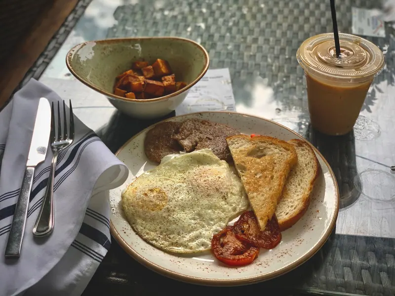 Eggs, toast and sweet potatoes for breakfast