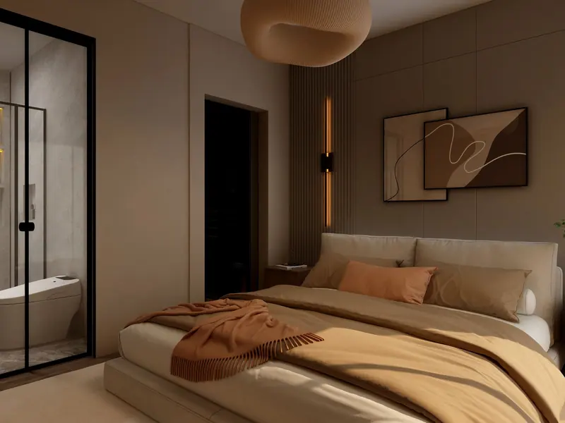 Warm and inviting modern bedroom with stylish furnishings and soft lighting.