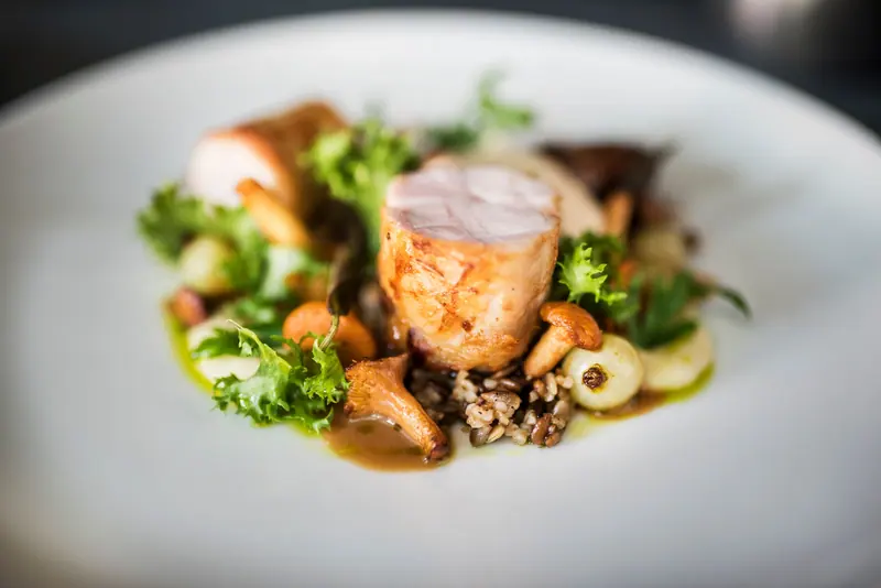 A small plate of roasted chicken and mushrooms