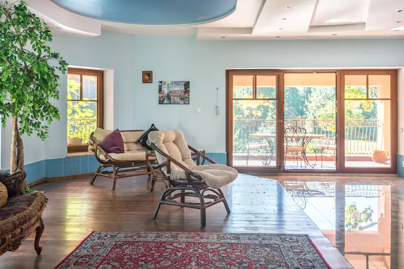 The sunroom with a patterned rug and doors to the garden