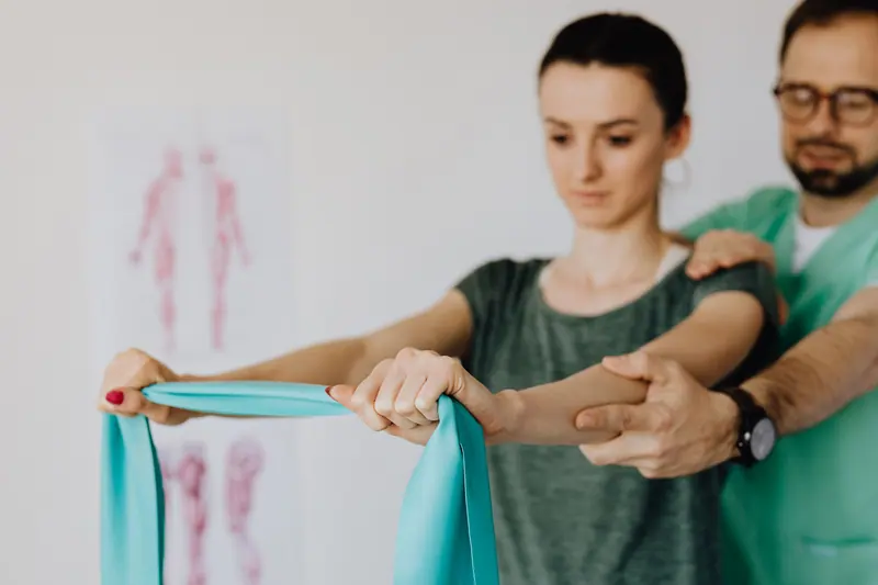 A guest pulling a resistance band