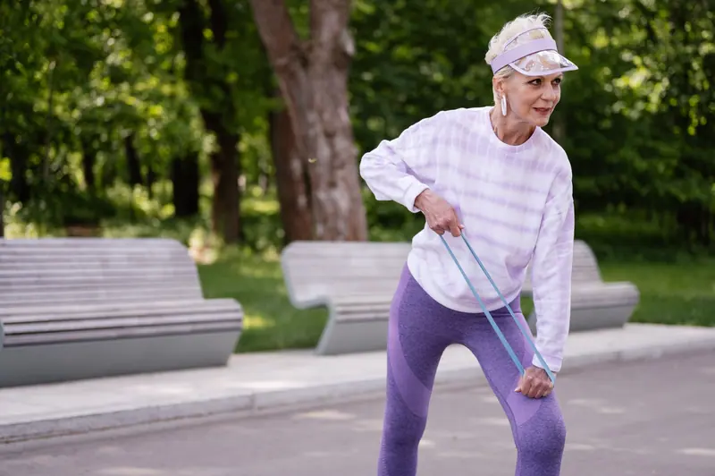 A woman stretching with a band outdoors