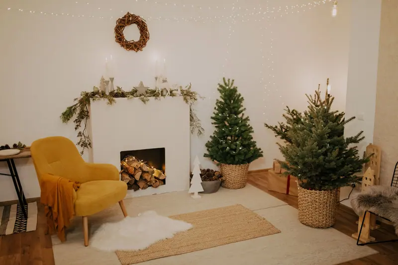 The front room decorated for Christmas