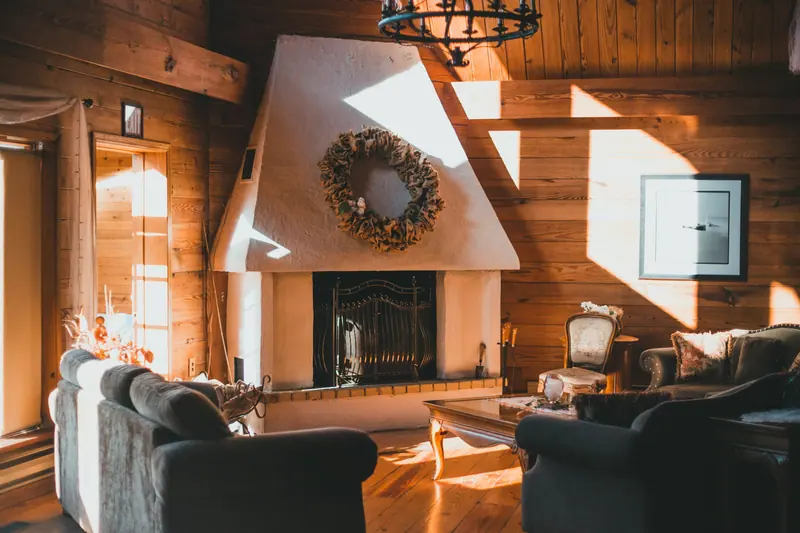 The great room with its stone fireplace