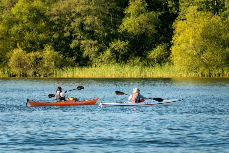 Two kayakers paddling across the cove