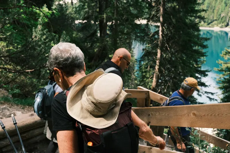 The hiking club heading down to the lake overlook
