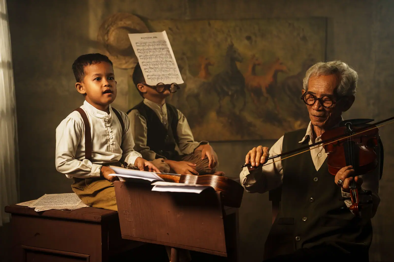 A grandfather playing violin for two young boys at a lamplit music stand