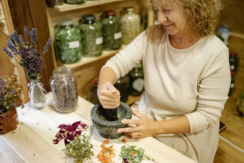 Grinding dried lavender for sachets