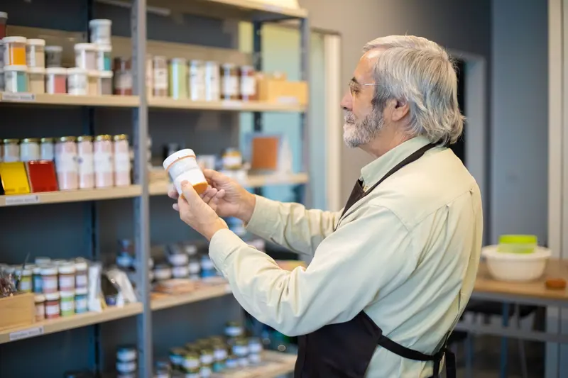 Choosing pigments from the shelves in the print room